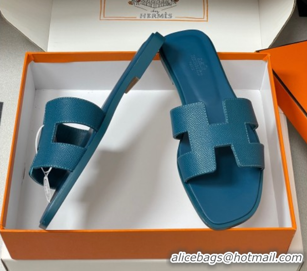 Low Cost Hermes Oran Classic Flat Slides Sandal in Palm-Grained Calfskin Denim Blue H081803