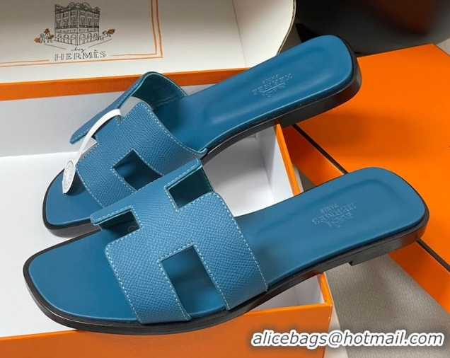 Good Looking Hermes Oran Classic Flat Slides Sandal in Palm-Grained Calfskin Dark Blue 2025 H081803