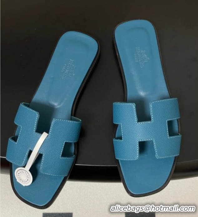 Good Looking Hermes Oran Classic Flat Slides Sandal in Palm-Grained Calfskin Dark Blue 2025 H081803