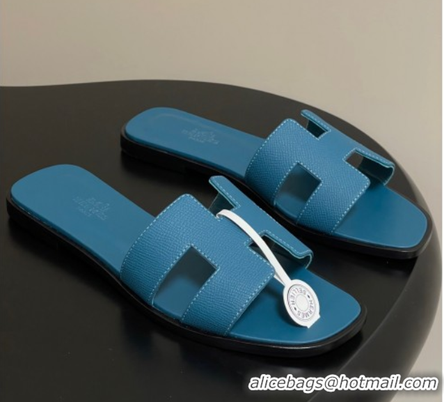 Good Looking Hermes Oran Classic Flat Slides Sandal in Palm-Grained Calfskin Dark Blue 2025 H081803