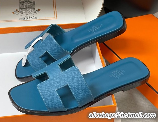 Good Looking Hermes Oran Classic Flat Slides Sandal in Palm-Grained Calfskin Dark Blue 2025 H081803