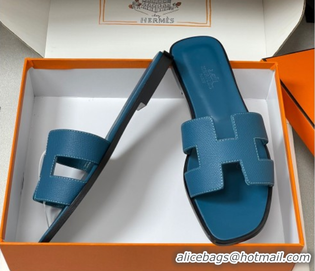 Good Looking Hermes Oran Classic Flat Slides Sandal in Palm-Grained Calfskin Dark Blue 2025 H081803