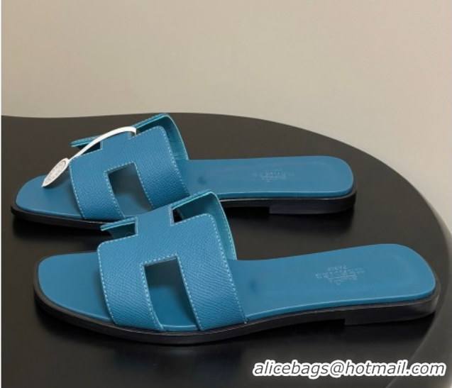 Good Looking Hermes Oran Classic Flat Slides Sandal in Palm-Grained Calfskin Dark Blue 2025 H081803