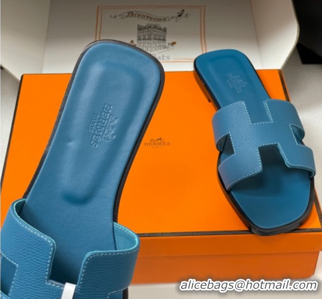 Good Looking Hermes Oran Classic Flat Slides Sandal in Palm-Grained Calfskin Dark Blue 2025 H081803
