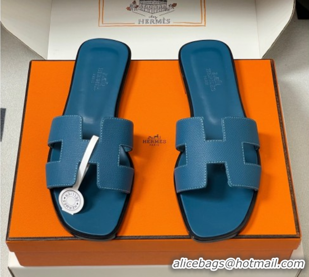 Good Looking Hermes Oran Classic Flat Slides Sandal in Palm-Grained Calfskin Dark Blue 2025 H081803