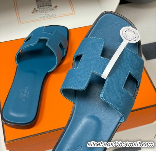 Good Looking Hermes Oran Classic Flat Slides Sandal in Palm-Grained Calfskin Dark Blue 2025 H081803