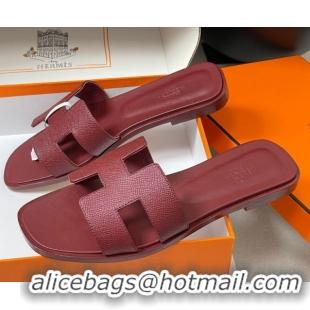 Unique Style Hermes Oran Classic Flat Slides Sandal in Palm-Grained Calfskin Dark Burgundy 2025 H081803 0819034