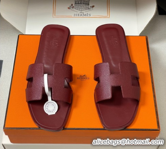 Unique Style Hermes Oran Classic Flat Slides Sandal in Palm-Grained Calfskin Dark Burgundy 2025 H081803 0819034
