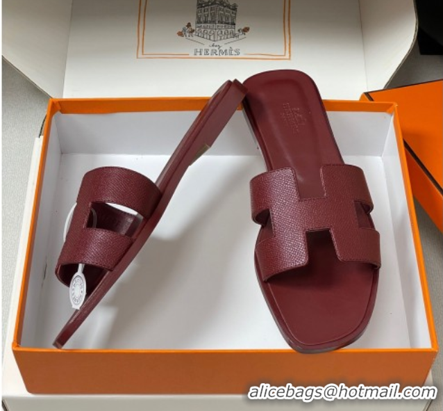 Unique Style Hermes Oran Classic Flat Slides Sandal in Palm-Grained Calfskin Dark Burgundy 2025 H081803 0819034