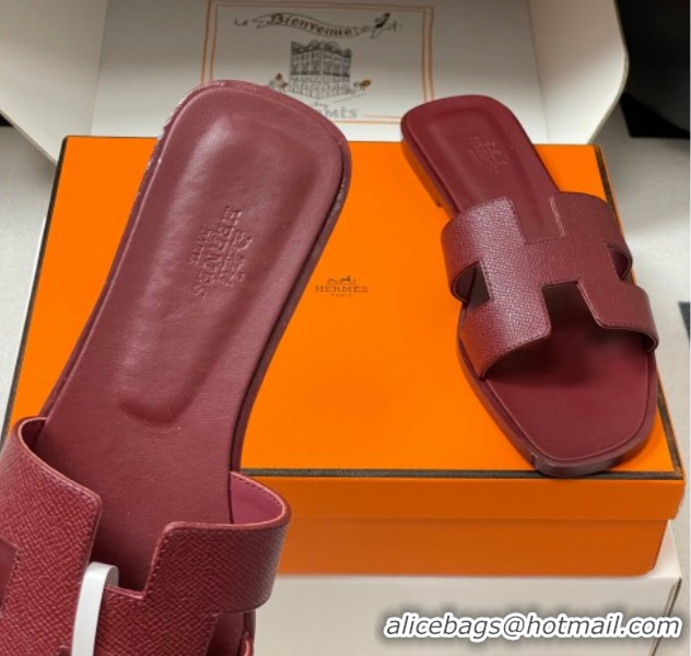 Unique Style Hermes Oran Classic Flat Slides Sandal in Palm-Grained Calfskin Dark Burgundy 2025 H081803 0819034