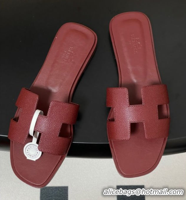 Unique Style Hermes Oran Classic Flat Slides Sandal in Palm-Grained Calfskin Dark Burgundy 2025 H081803 0819034