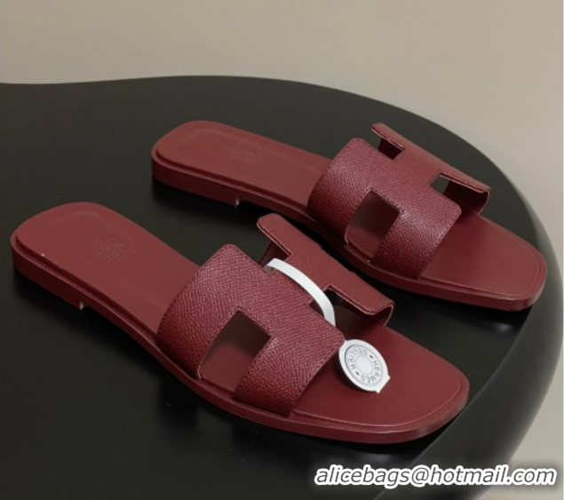 Unique Style Hermes Oran Classic Flat Slides Sandal in Palm-Grained Calfskin Dark Burgundy 2025 H081803 0819034