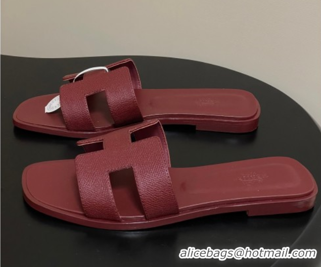 Unique Style Hermes Oran Classic Flat Slides Sandal in Palm-Grained Calfskin Dark Burgundy 2025 H081803 0819034