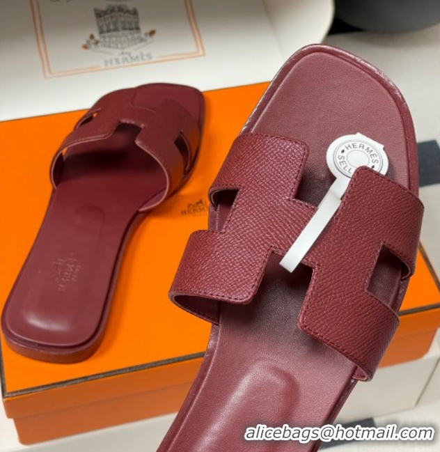 Unique Style Hermes Oran Classic Flat Slides Sandal in Palm-Grained Calfskin Dark Burgundy 2025 H081803 0819034