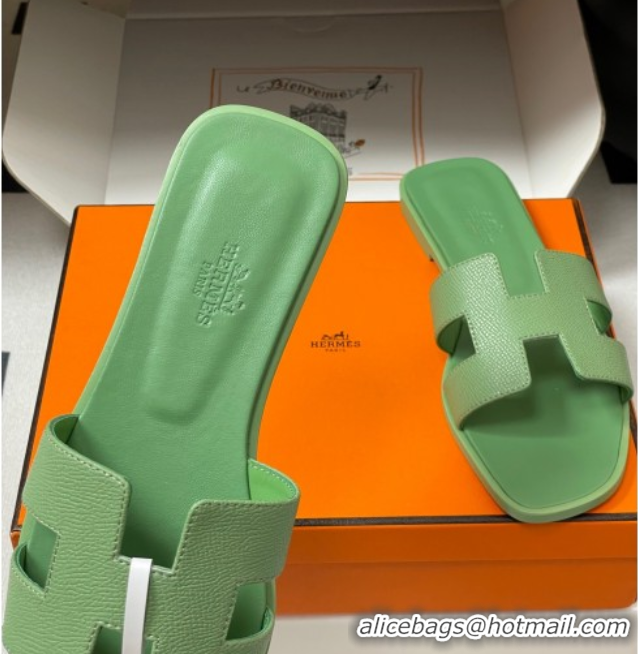 Most Popular Hermes Oran Classic Flat Slides Sandal in Palm-Grained Calfskin Light Green H081803