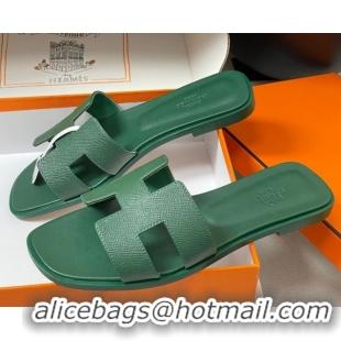 Cheap Price Hermes Oran Classic Flat Slides Sandal in Palm-Grained Calfskin Deep Green H081803