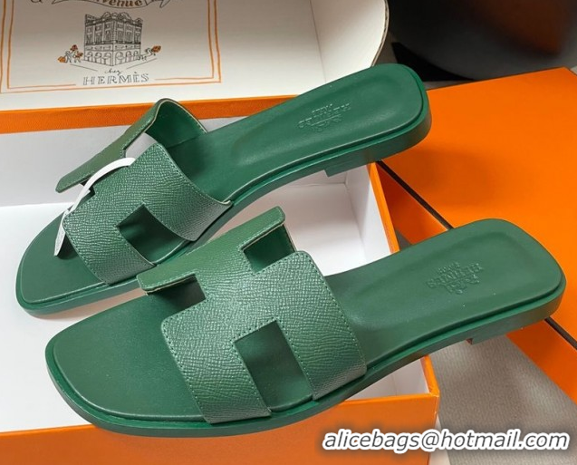 Cheap Price Hermes Oran Classic Flat Slides Sandal in Palm-Grained Calfskin Deep Green H081803