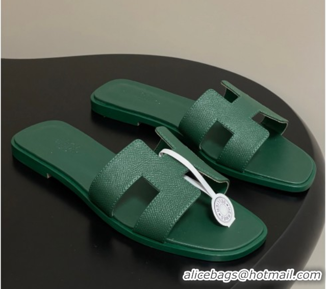 Cheap Price Hermes Oran Classic Flat Slides Sandal in Palm-Grained Calfskin Deep Green H081803