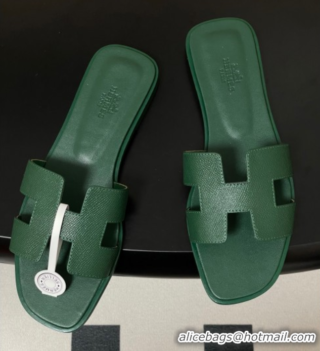 Cheap Price Hermes Oran Classic Flat Slides Sandal in Palm-Grained Calfskin Deep Green H081803