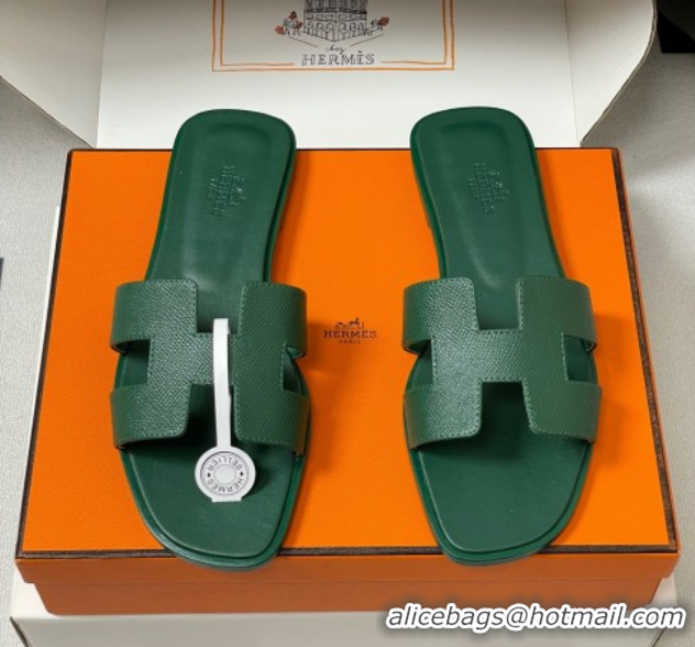Cheap Price Hermes Oran Classic Flat Slides Sandal in Palm-Grained Calfskin Deep Green H081803