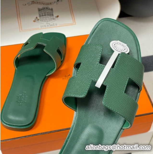 Cheap Price Hermes Oran Classic Flat Slides Sandal in Palm-Grained Calfskin Deep Green H081803