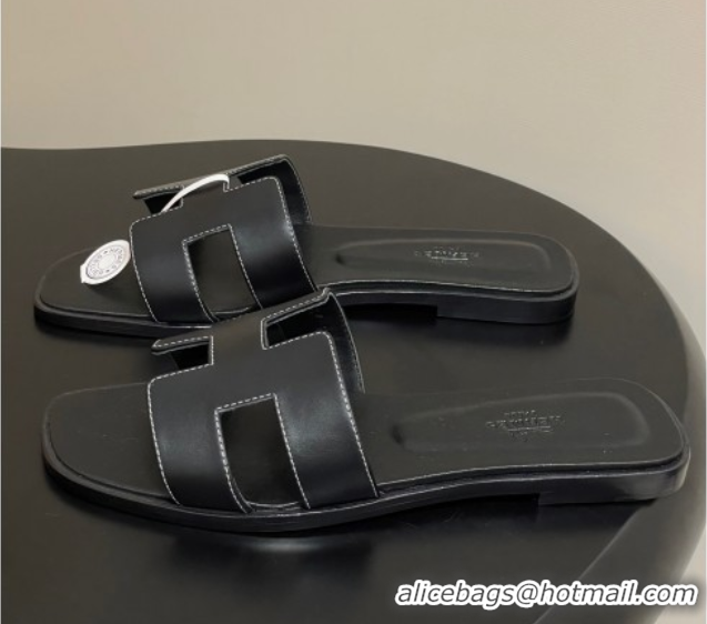 Big Discount Hermes Oran Classic Flat Slides Sandal in Smooth Calfskin Black 2025 H081803
