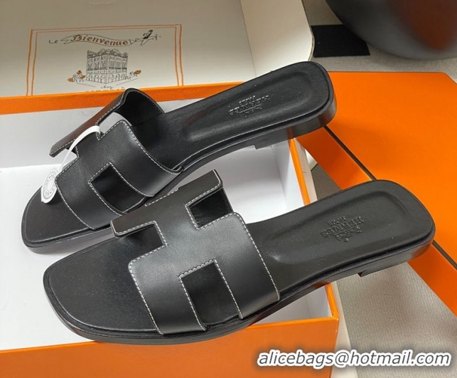 Big Discount Hermes Oran Classic Flat Slides Sandal in Smooth Calfskin Black 2025 H081803