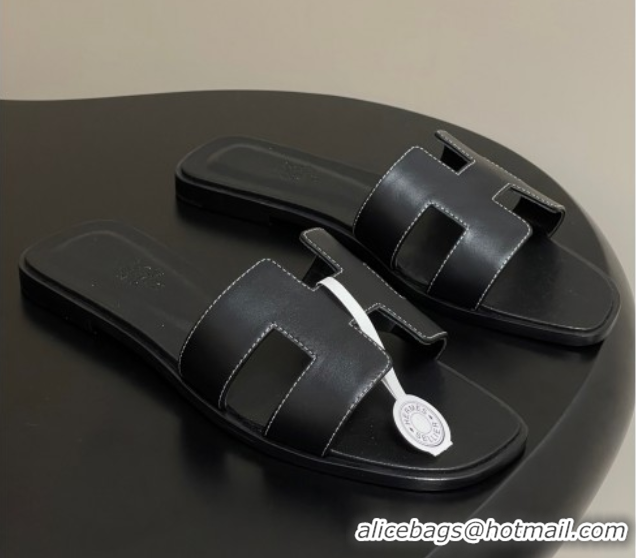 Big Discount Hermes Oran Classic Flat Slides Sandal in Smooth Calfskin Black 2025 H081803