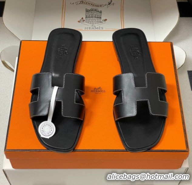 Big Discount Hermes Oran Classic Flat Slides Sandal in Smooth Calfskin Black 2025 H081803