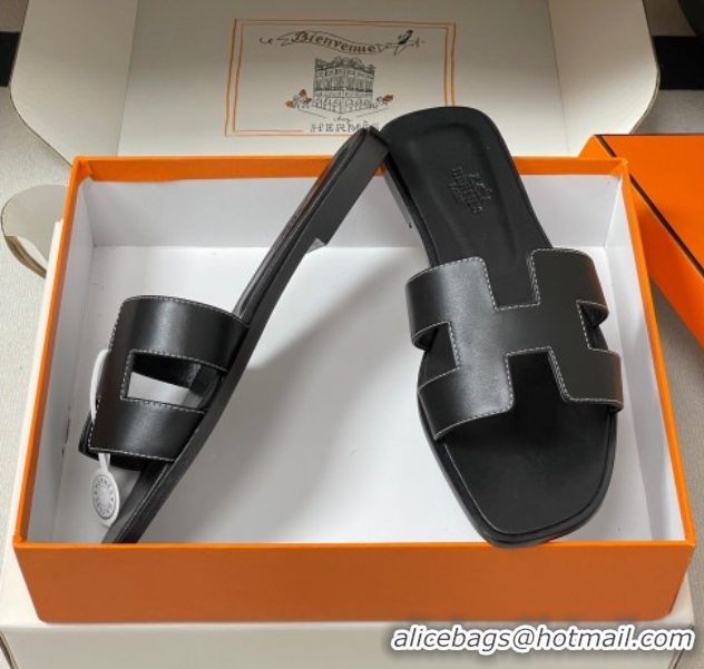 Big Discount Hermes Oran Classic Flat Slides Sandal in Smooth Calfskin Black 2025 H081803