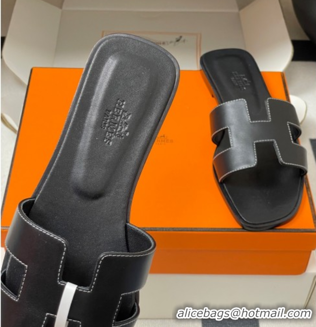 Big Discount Hermes Oran Classic Flat Slides Sandal in Smooth Calfskin Black 2025 H081803