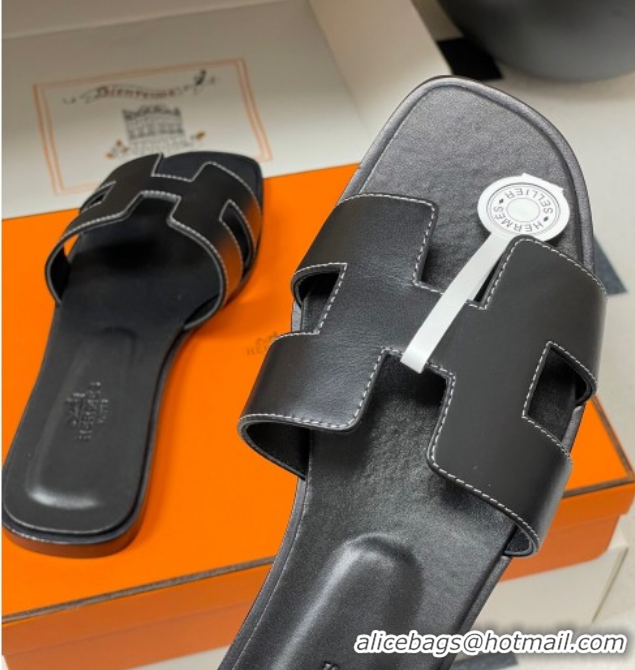 Big Discount Hermes Oran Classic Flat Slides Sandal in Smooth Calfskin Black 2025 H081803