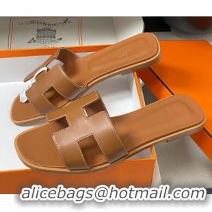 Grade Quality Hermes Oran Classic Flat Slides Sandal in Smooth Calfskin Brown 2025 H081803