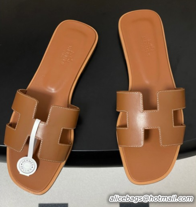 Grade Quality Hermes Oran Classic Flat Slides Sandal in Smooth Calfskin Brown 2025 H081803