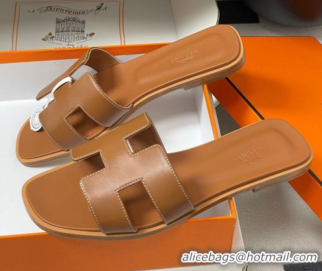 Grade Quality Hermes Oran Classic Flat Slides Sandal in Smooth Calfskin Brown 2025 H081803