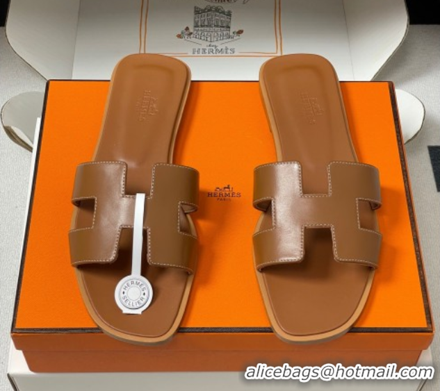 Grade Quality Hermes Oran Classic Flat Slides Sandal in Smooth Calfskin Brown 2025 H081803