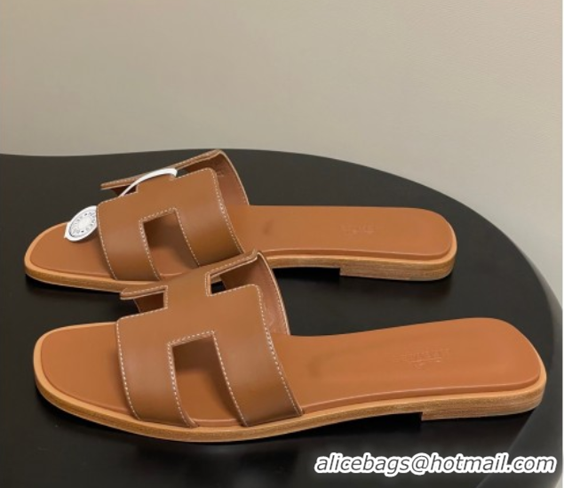 Grade Quality Hermes Oran Classic Flat Slides Sandal in Smooth Calfskin Brown 2025 H081803