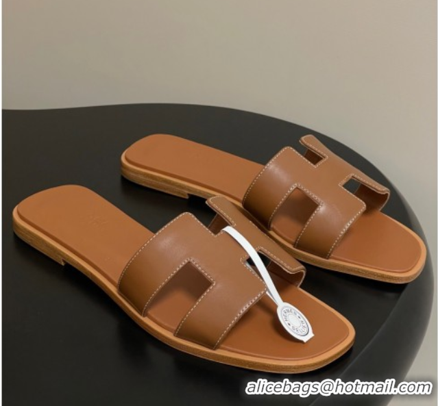 Grade Quality Hermes Oran Classic Flat Slides Sandal in Smooth Calfskin Brown 2025 H081803