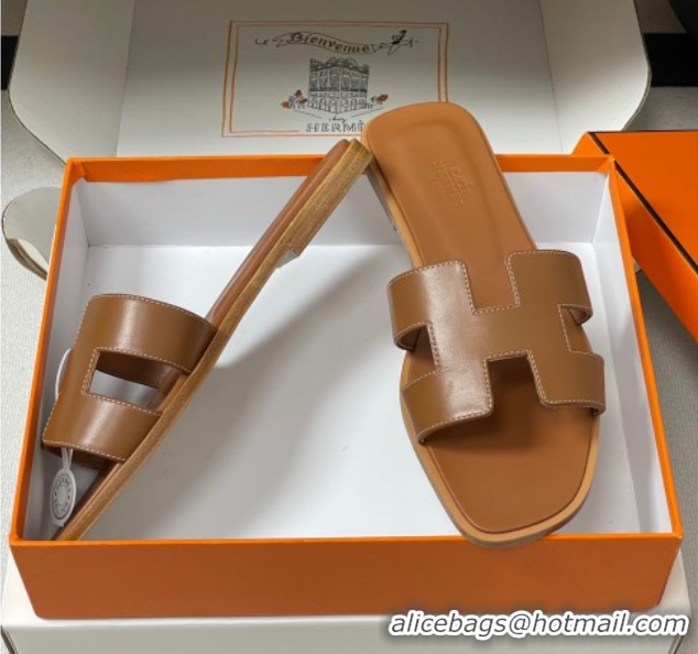Grade Quality Hermes Oran Classic Flat Slides Sandal in Smooth Calfskin Brown 2025 H081803