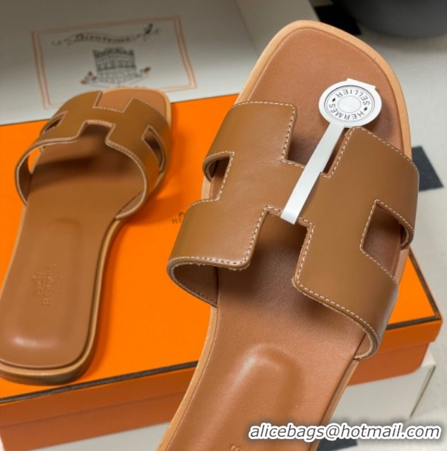 Grade Quality Hermes Oran Classic Flat Slides Sandal in Smooth Calfskin Brown 2025 H081803
