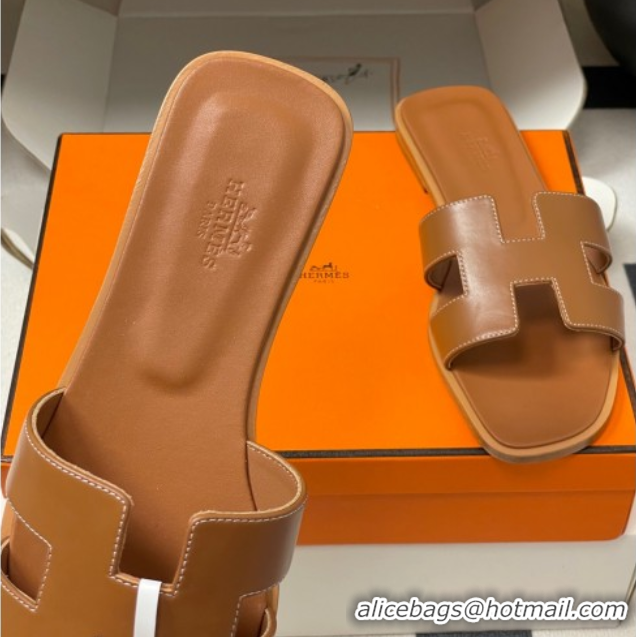 Grade Quality Hermes Oran Classic Flat Slides Sandal in Smooth Calfskin Brown 2025 H081803