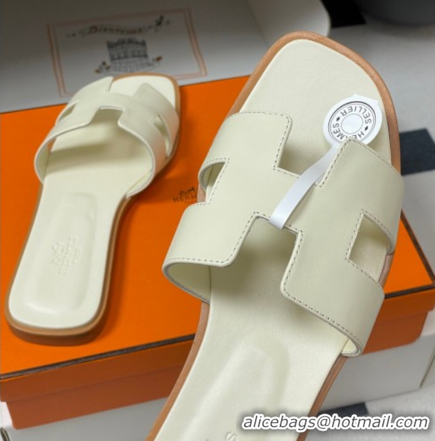 Buy Luxury Hermes Oran Classic Flat Slides Sandal in Smooth Calfskin Pale Yellow 2025 H081803