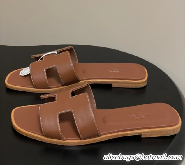 Luxury Hermes Oran Classic Flat Slides Sandal in Smooth Calfskin Brown 2025 H081803