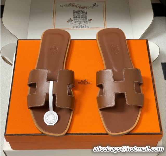 Luxury Hermes Oran Classic Flat Slides Sandal in Smooth Calfskin Brown 2025 H081803