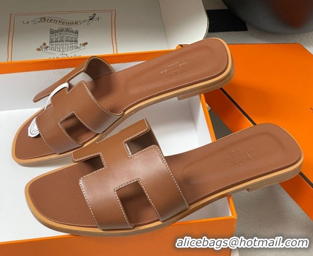 Luxury Hermes Oran Classic Flat Slides Sandal in Smooth Calfskin Brown 2025 H081803