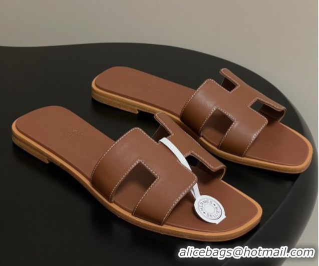 Luxury Hermes Oran Classic Flat Slides Sandal in Smooth Calfskin Brown 2025 H081803