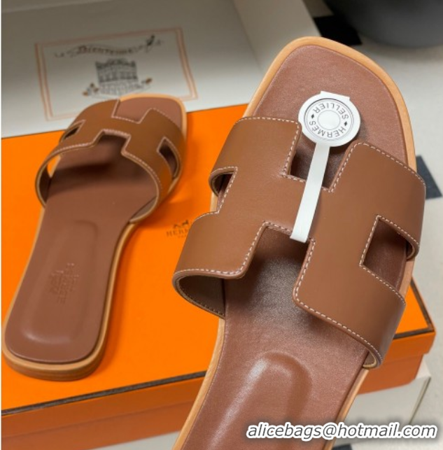 Luxury Hermes Oran Classic Flat Slides Sandal in Smooth Calfskin Brown 2025 H081803