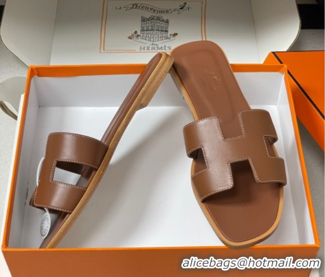 Luxury Hermes Oran Classic Flat Slides Sandal in Smooth Calfskin Brown 2025 H081803