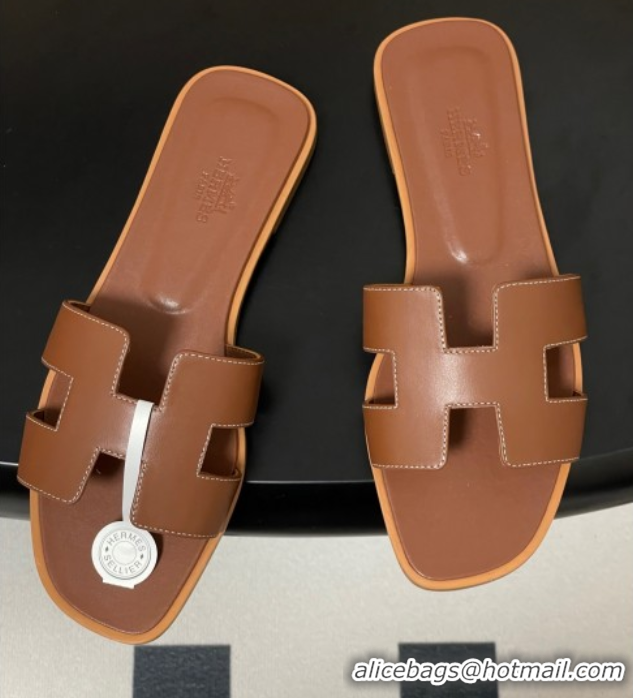 Luxury Hermes Oran Classic Flat Slides Sandal in Smooth Calfskin Brown 2025 H081803