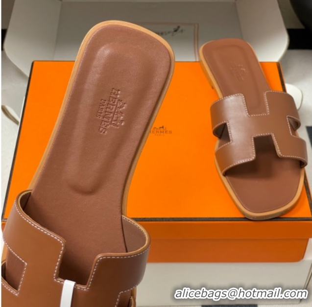 Luxury Hermes Oran Classic Flat Slides Sandal in Smooth Calfskin Brown 2025 H081803